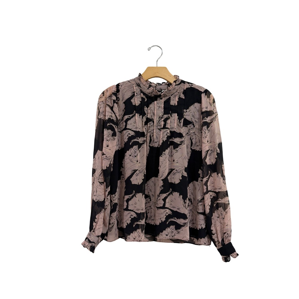 Melloday Floral Metallic Ruffle Mock Neck Blouse Mauve Black Small NWT